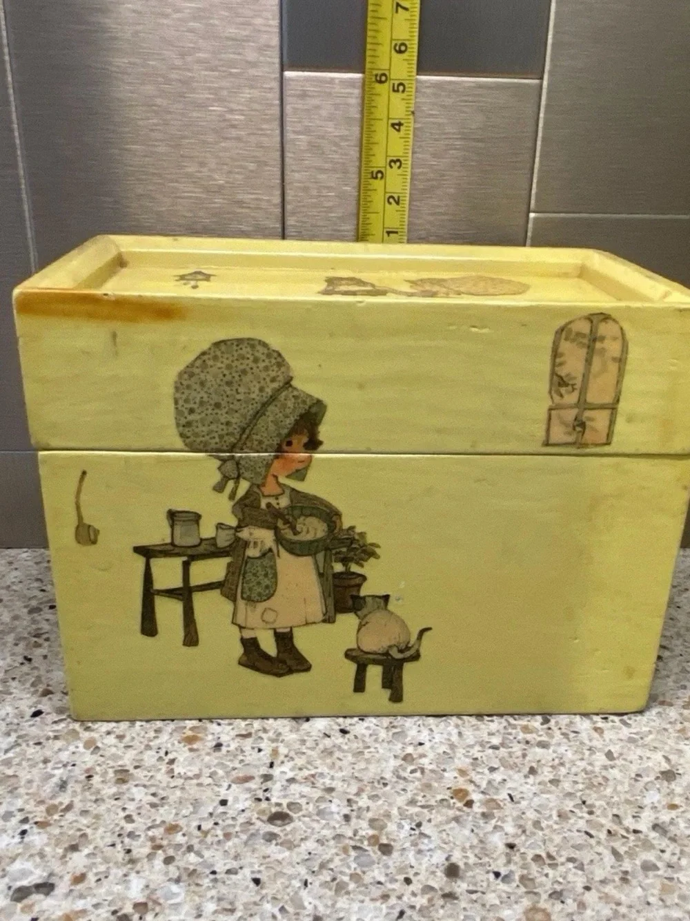 Vintage 1972 Signed Sadie Decoupage Wooden Box Bonnet Girl & Cat Cottagecore